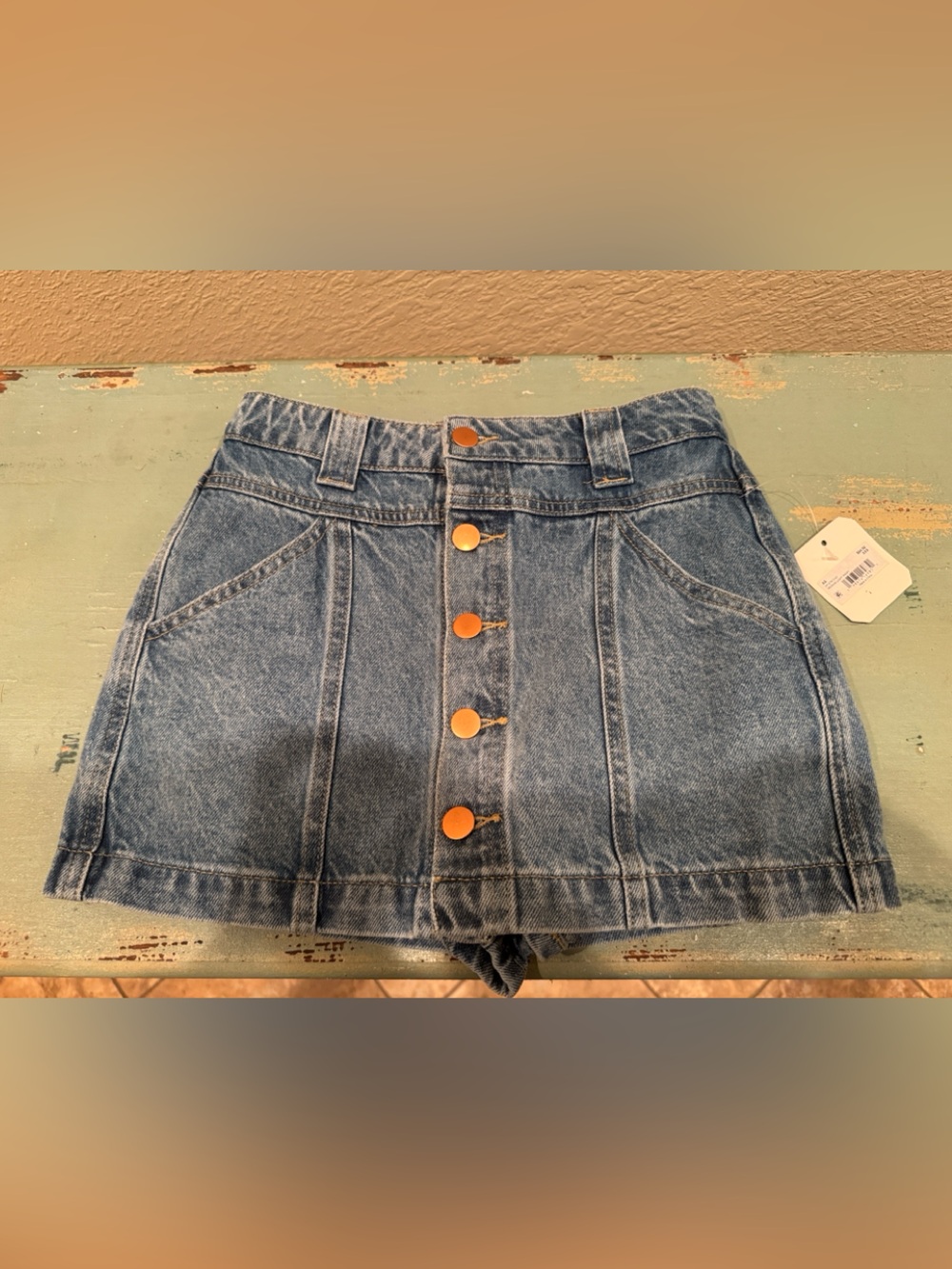 Denim Mini Skirt with Gold Buttons - Blue